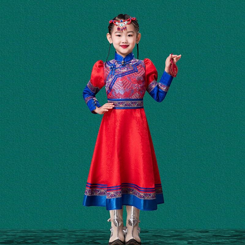 儿童女红色蒙古袍内蒙古少数民族礼服舞台装演出服连衣裙蓬蓬裙