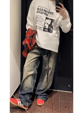 PLTH*春季新品重磅宽松基础内搭小众印花长袖外穿套头男女T恤上衣