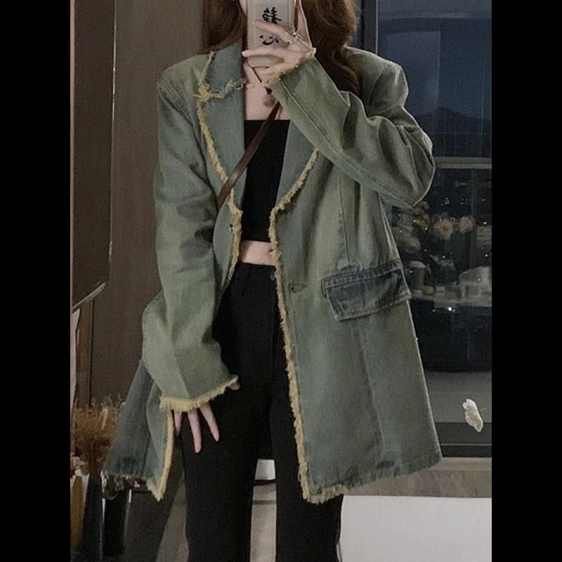 蓝色毛边牛仔西装外套男女秋季款宽松休闲百搭水洗设计感小众西服,男装,休闲西服,淘宝优惠券,粉丝福利购,淘宝优惠卷