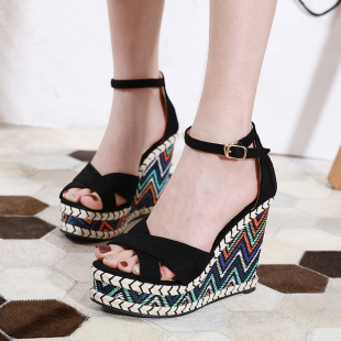 百搭高跟厚底防水台女鞋 夏天一字带松糕鞋 子潮 女2020韩版 坡跟凉鞋