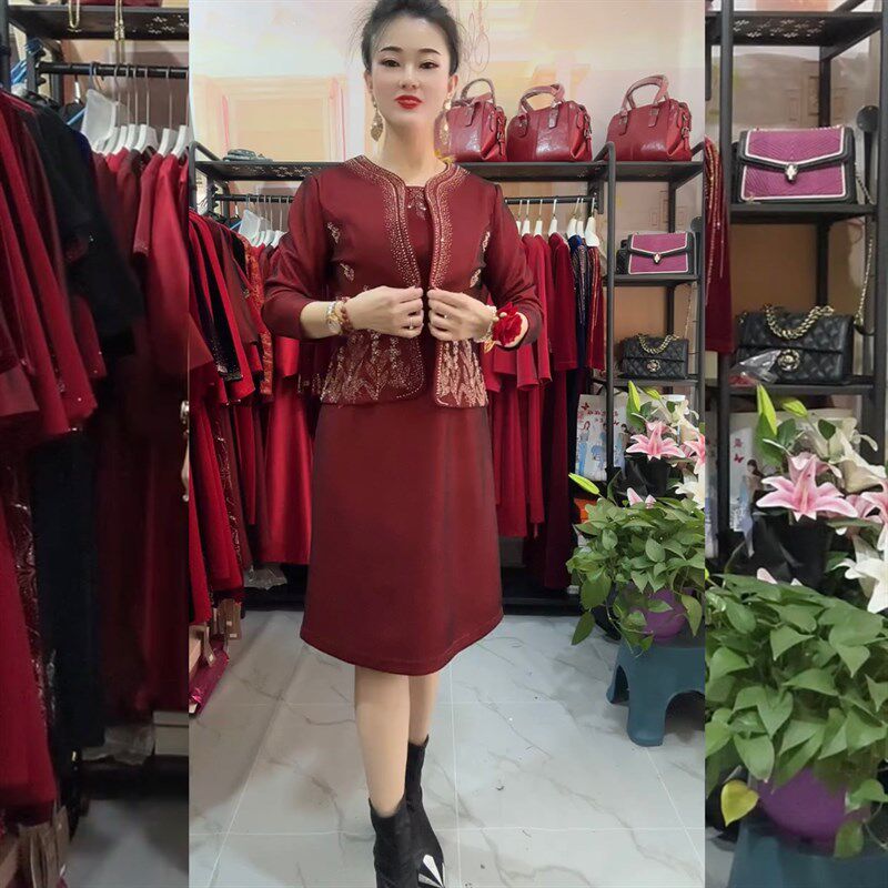 喜婆婆婚宴装春秋镶钻高贵时尚年轻妈妈结婚礼服大码敬酒服两件套