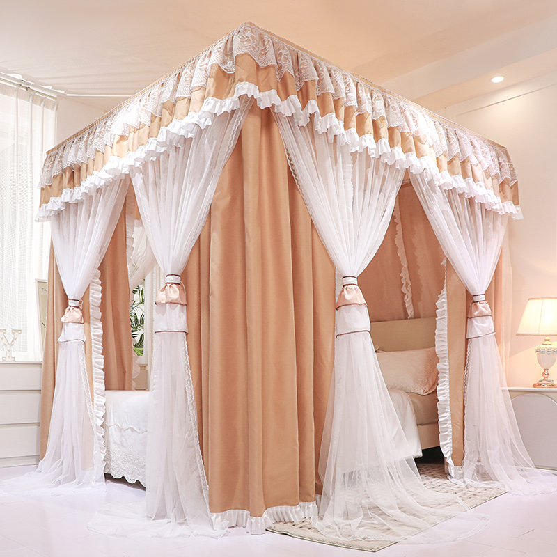 双层遮光帘防尘落地宫廷蚊帐三开门加密家用卧室床幔加厚烤漆支架