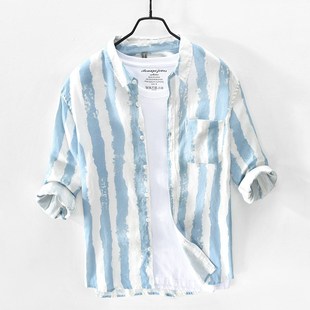 夏款男士亚麻个性印花海边度假休闲宽松七分袖条纹衬衫男短袖汗衫