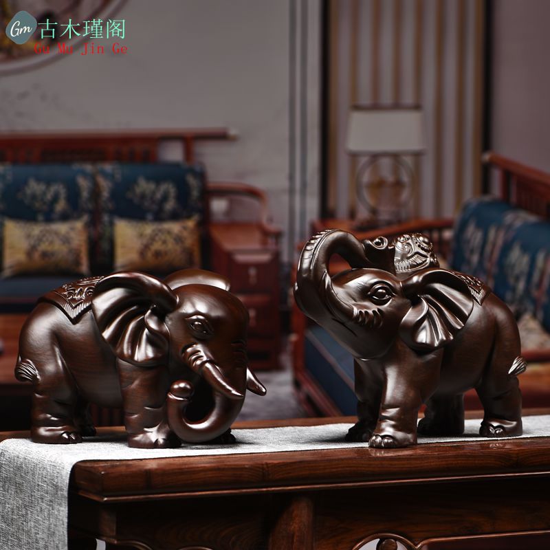 黑檀木雕刻大象摆件一对木象家居客厅店铺装饰红木工艺品乔迁送礼