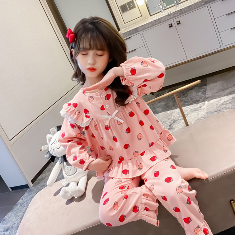 儿童睡衣春秋季女童长袖纯棉薄款大童女孩宝宝公主草莓家居服套装,童装/婴儿装/亲子装,家居服套装,淘宝优惠券,粉丝福利购,淘宝优惠卷