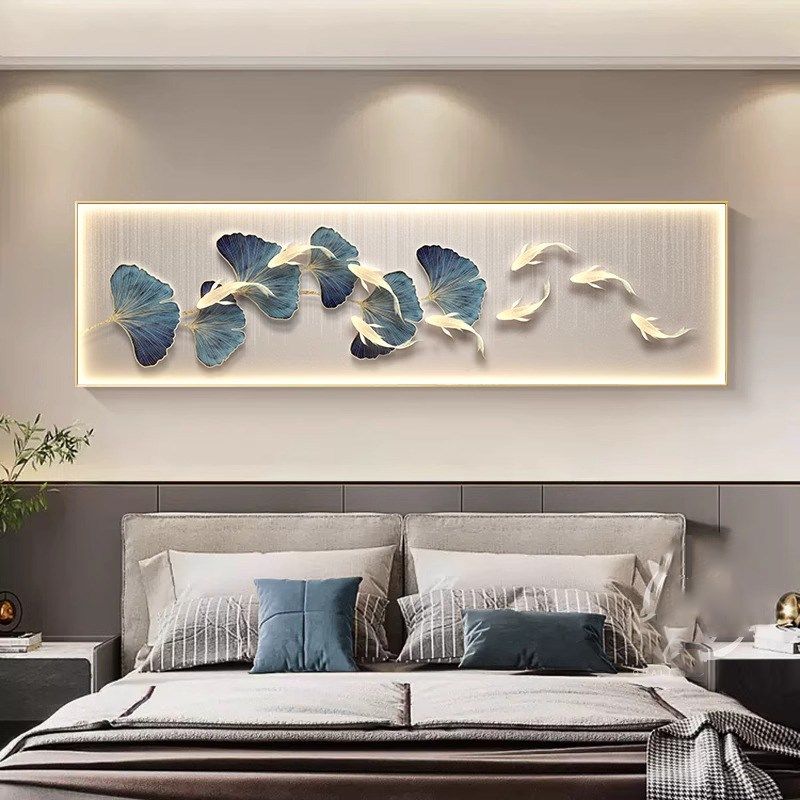 带灯卧室床头银杏叶装饰画LED客厅九鱼图横幅挂画沙发背景墙壁灯,家居饰品,氛围画/灯画,淘宝优惠券,粉丝福利购,淘宝优惠卷