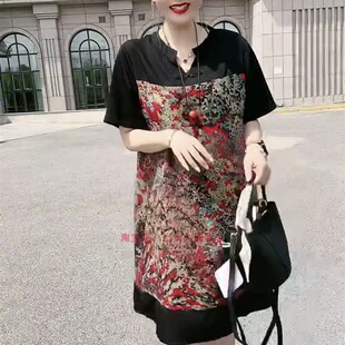 夏装复古盘扣黑色拼接碎花短袖宽松雪纺连衣裙女中长版妈妈打底裙