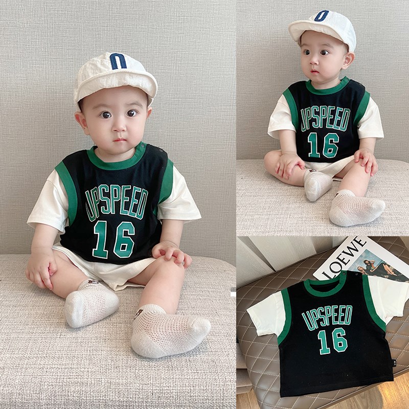 男童短袖上衣夏季新款假两件印花字母1岁宝宝衣服中小童T恤球服潮