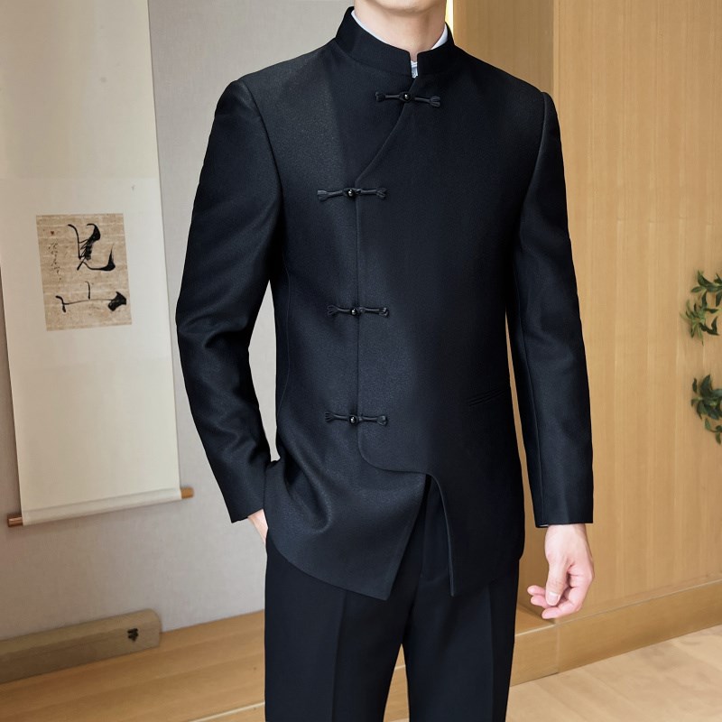 中山装黑色西服男新中式婚礼纽扣结西装礼服外套订婚宴会新郎套装
