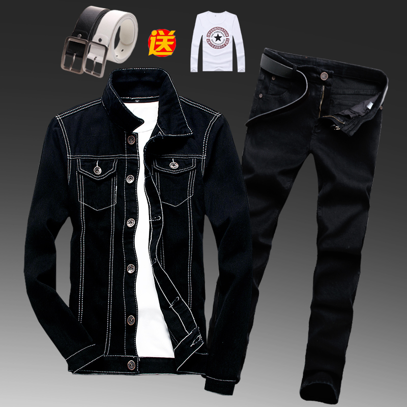 春秋季男士牛仔夹克长裤套装2021新款韩版潮流外套男装帅气上衣服