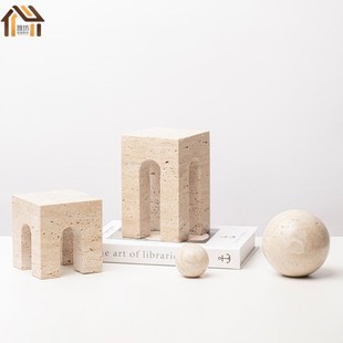 新中式黄洞石圆球花瓶摆件现代客厅正方小凳子大理石花器软装饰品