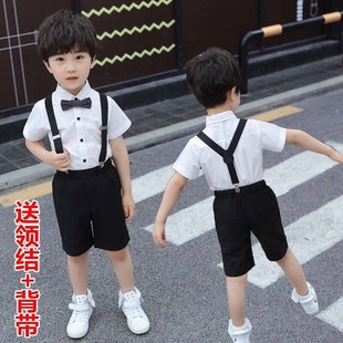 六一儿童主持人礼服绅士小男孩白衬衣夏季 男童背带裤 衬衫 短袖 套装