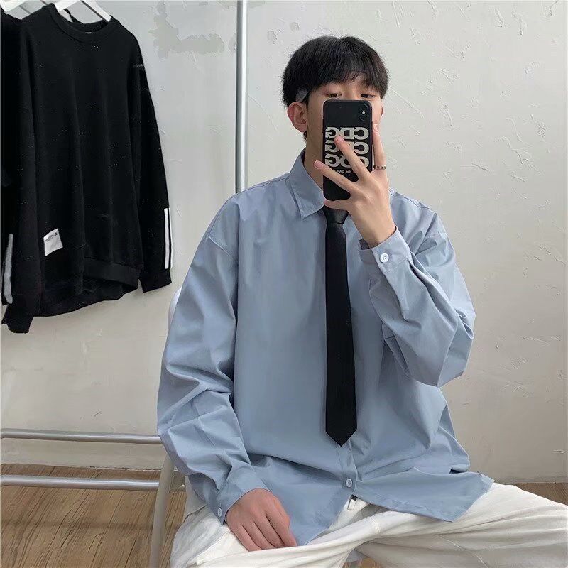 春季长袖衬衫男韩版潮流宽松学院风百搭白色衬衣情侣装学生打底衫