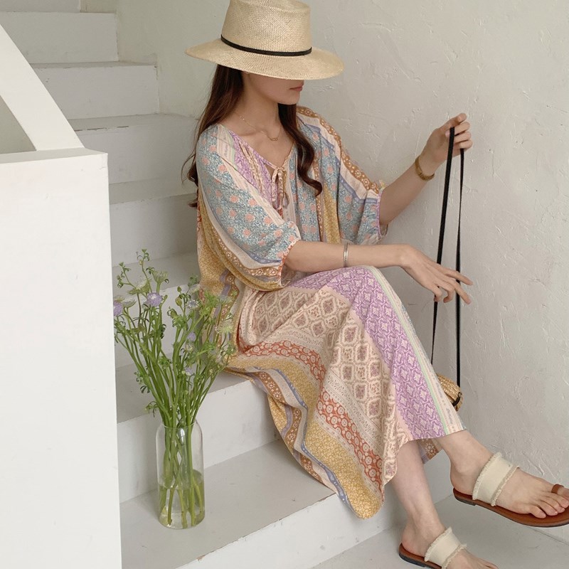 夏天国风中袖棉绸睡裙夏季女款2024新款绵绸人造棉连衣裙睡衣大码