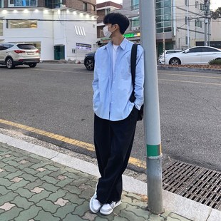 薄款 文艺气质男装 纯色百搭休闲衬衣天蓝色叠穿寸衫 衬衫 外套潮 长袖