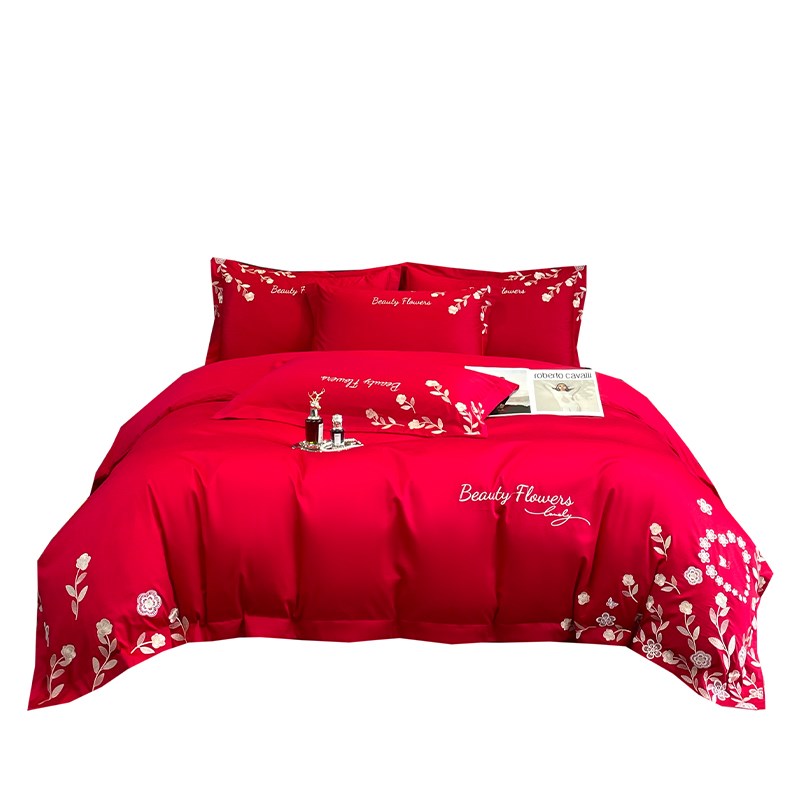 高档简约刺绣结婚四件套大红色床单被套纯棉婚庆床上用品婚房喜被