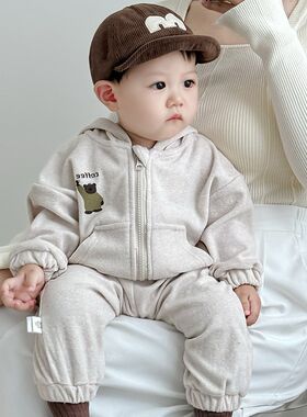 韩国男童棒球服套装婴儿春秋装新款女宝宝连帽休闲外套长裤两件套