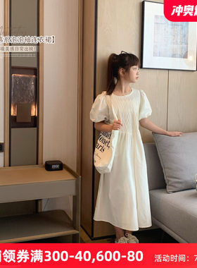 女大童韩版连衣裙2024夏装新款青少年风琴皱长裙少女泡泡袖棉布裙