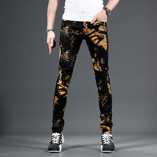 子男潮流黑色印花潮牌牛仔裤 薄款 男修身 夏季 潮 显瘦小脚裤 小众花裤