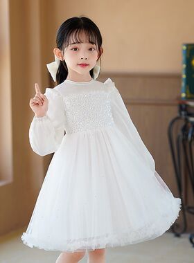女童早秋连衣裙宝宝长袖秋款白色仙美公主裙幼儿园表演生日蓬蓬裙