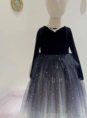 高定礼服24秋冬款女童公主裙赫本风丝绒拼接网纱连衣裙钢琴演出服