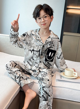 男童睡衣纯棉春秋季2023新款大童家居服薄款秋天小孩空调服套装