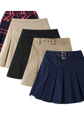 学院风小学生校服裙带安全裤女童百褶裙格子半身裙藏蓝卡其色裙子