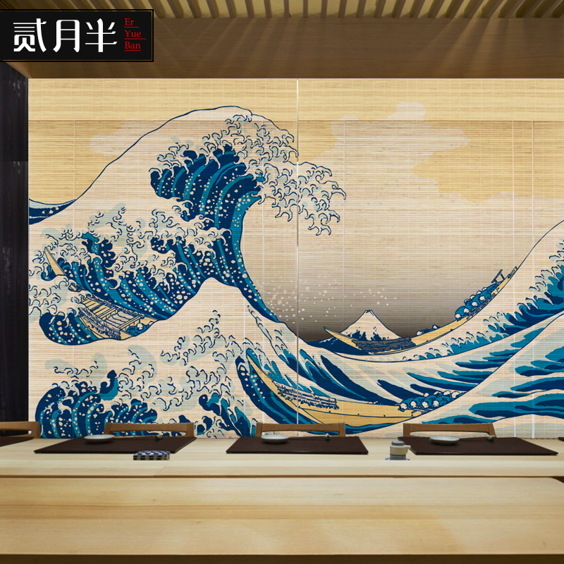 日式印花竹帘卷帘和风遮光窗帘禅意隔断茶室挂帘浮世绘升降竹帘子