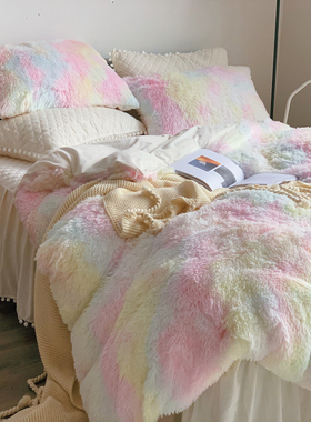 冬季白色水e貂绒床上四件套公主风被套长毛绒双面水晶绒夹棉床裙