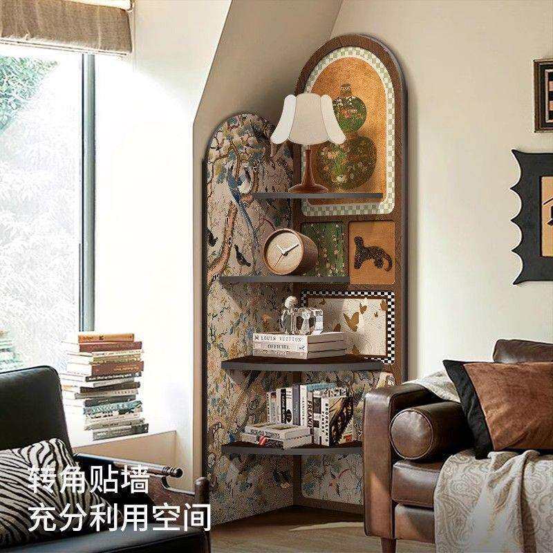 中古风落地摆件客厅电视柜旁边转角柜复古置物架多层收纳柜三角柜