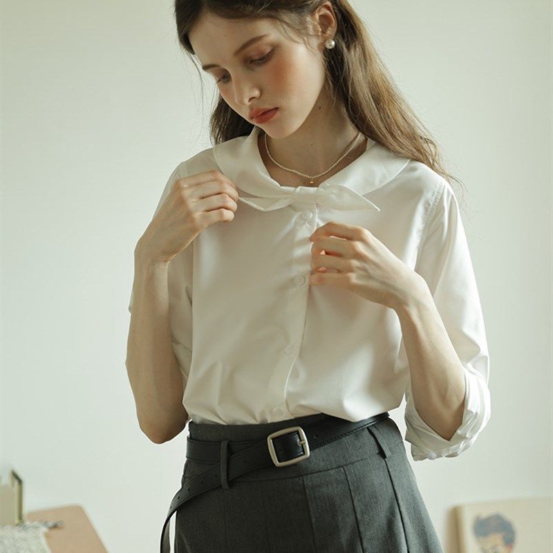 小众设计感兔耳朵长m袖衬衫女25秋新款抗皱免打理内搭简约通勤衬