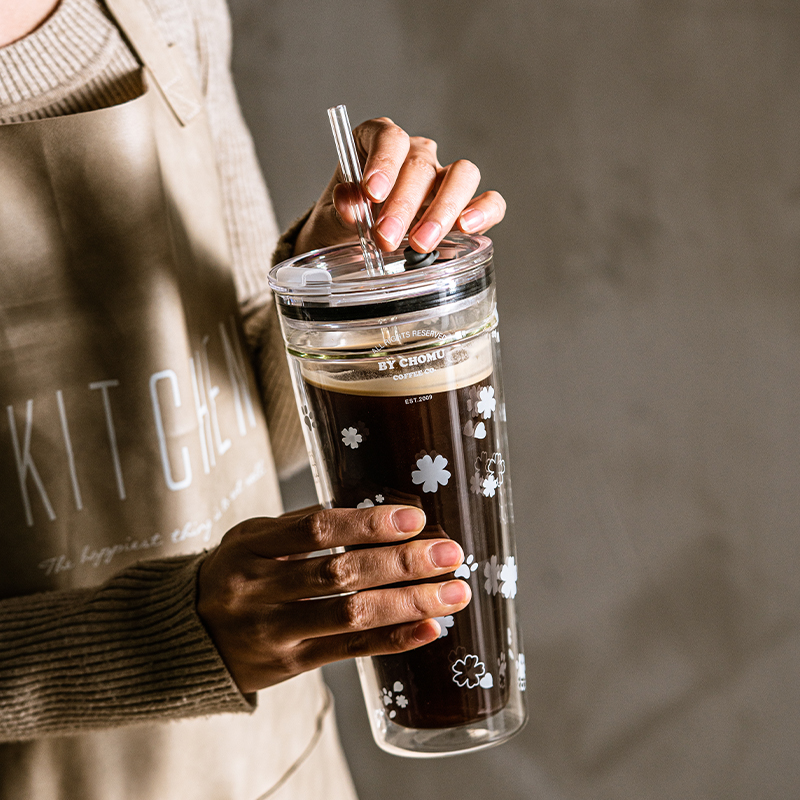 双层玻璃吸管杯大容量高硼硅耐高温水杯透明家用冰美式咖啡奶茶杯