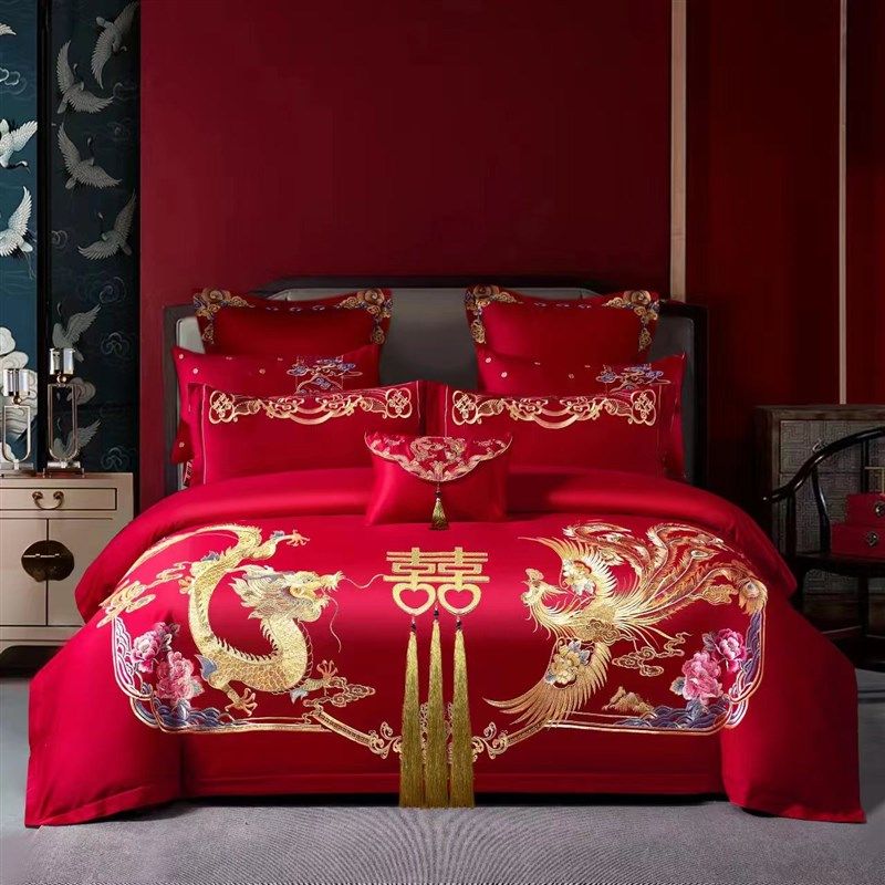 高端婚庆180支贡缎长绒棉四件套大红色纯棉结婚龙凤刺绣床上用品,床上用品,婚庆床品套件,淘宝优惠券,粉丝福利购,淘宝优惠卷