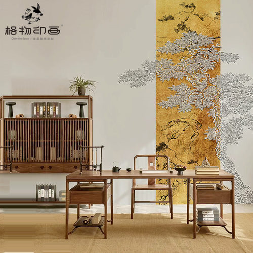 中式国风招财金箔墙布客r厅背景墙壁布办公室装修前台壁画茶室墙