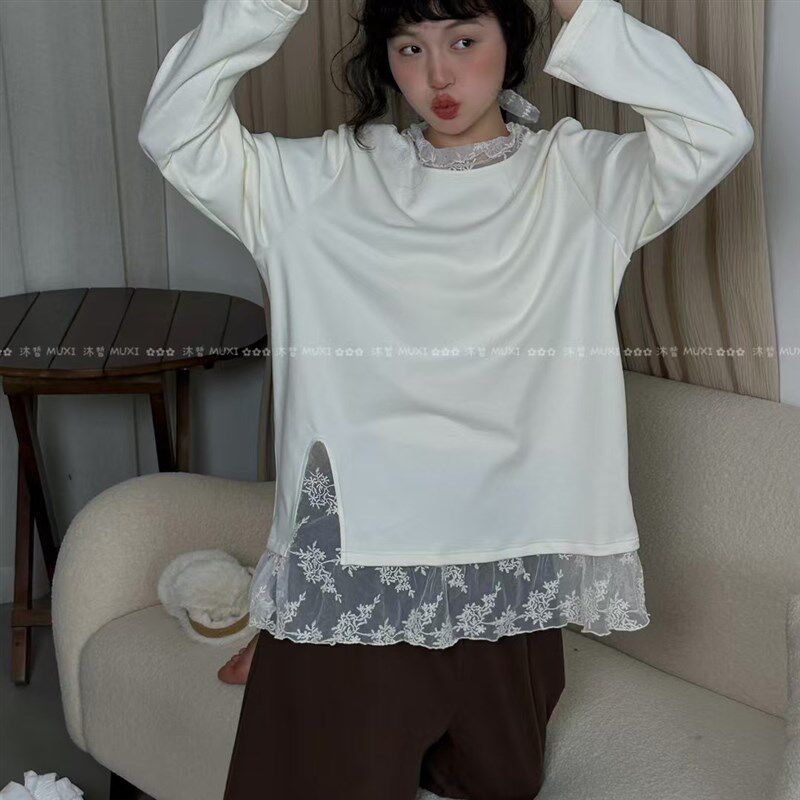 24日韩甜美侧i边开叉拼接蕾丝屁帘加绒长袖打底衫蕾丝下摆叠穿T恤