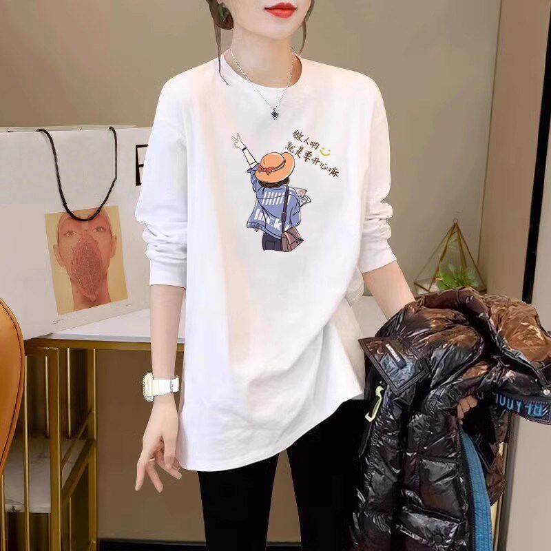 秋冬季中长款打底衫女宽松遮屁股下衣失踪长袖白色内搭t恤潮