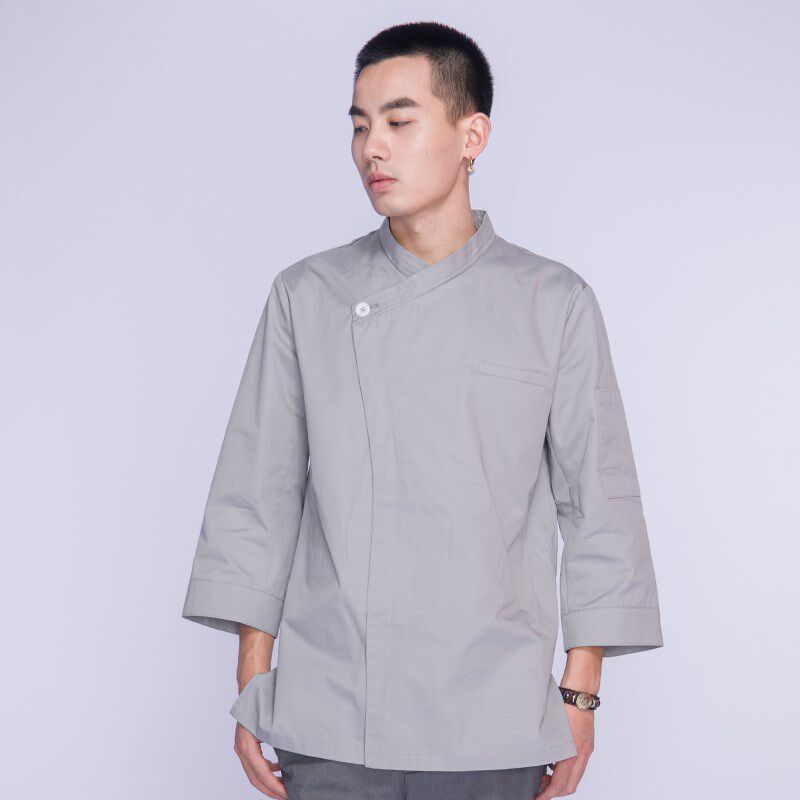 新款 2021纯棉中式盘扣厨师A银灰茶楼茶馆中餐厅服务员工作服中袖