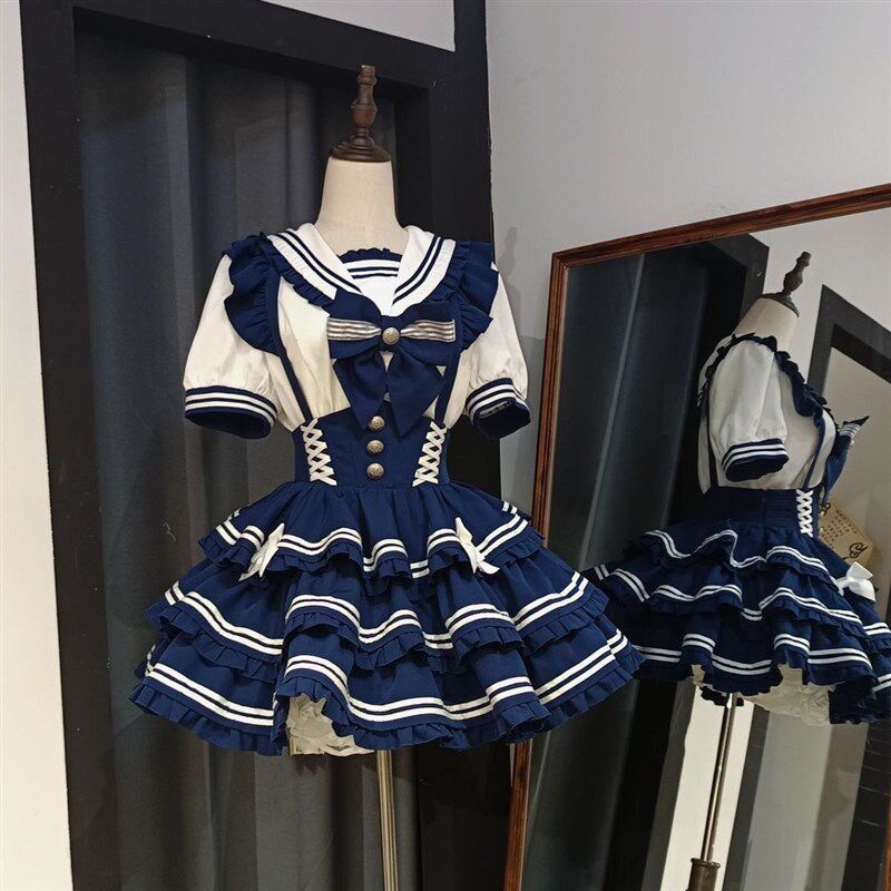 夏季海盐学院风Lolitat裙海军领衬衫抱婴袋蝴蝶结公主蓬蓬裙两件