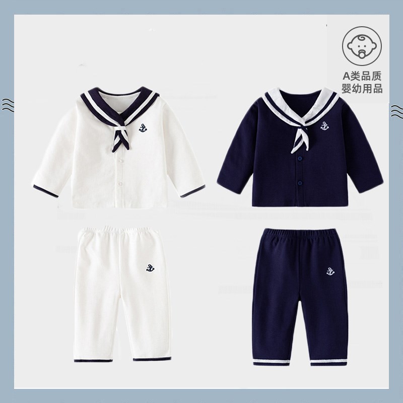 男孩海军风两件套春秋季宝宝学院风套装蓝白色水手服X装儿童外出