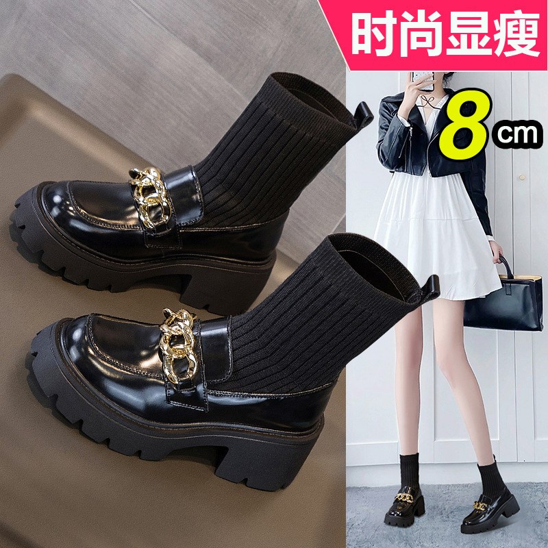 内增高短靴女2025春季新款弹力瘦瘦英伦风粗跟R连袜靴一体乐福鞋