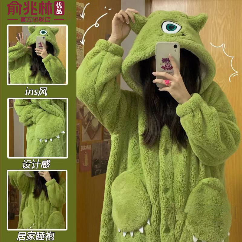 睡衣男女生秋冬季珊瑚绒加厚保暖可爱卡通连帽家居服套装可外穿