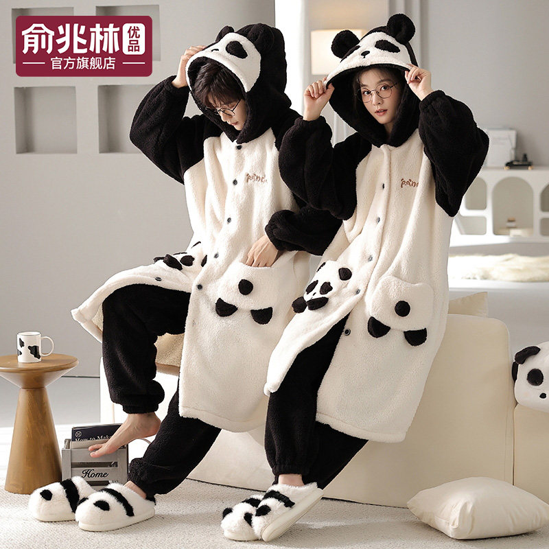 珊瑚绒情侣睡衣女秋冬季睡袍男士长款加绒加厚浴袍法兰绒可爱套装