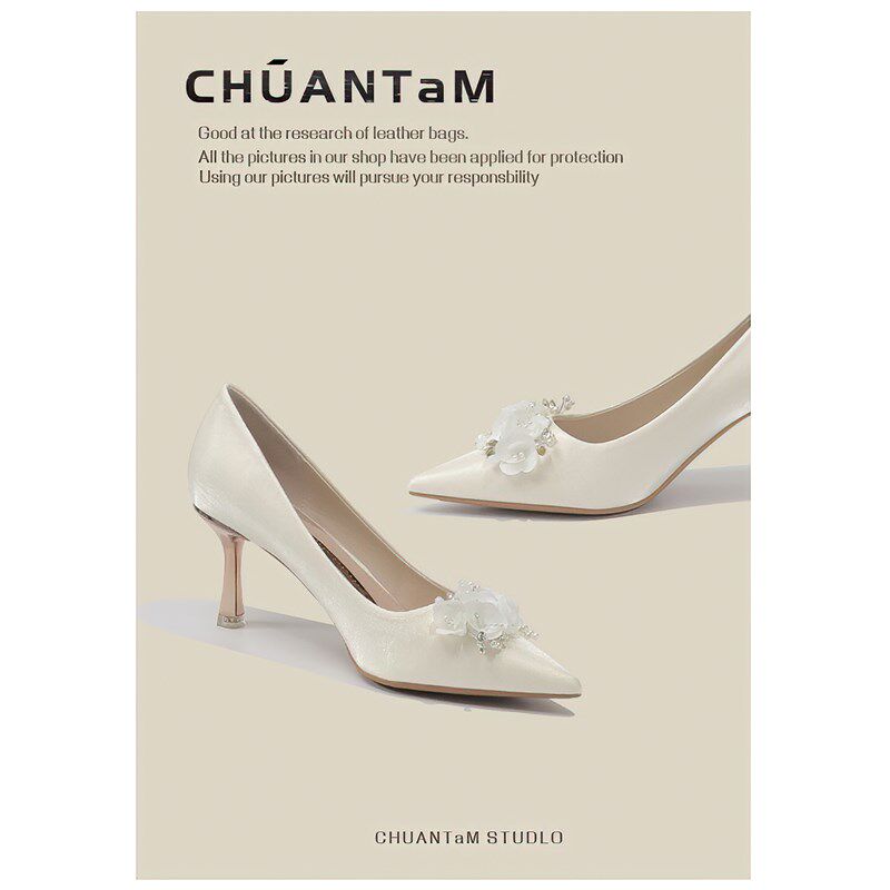 法式细跟新娘主婚鞋不累脚高跟鞋尖头绸缎伴娘时尚百搭水钻单鞋女,女鞋,婚鞋,淘宝优惠券,粉丝福利购,淘宝优惠卷