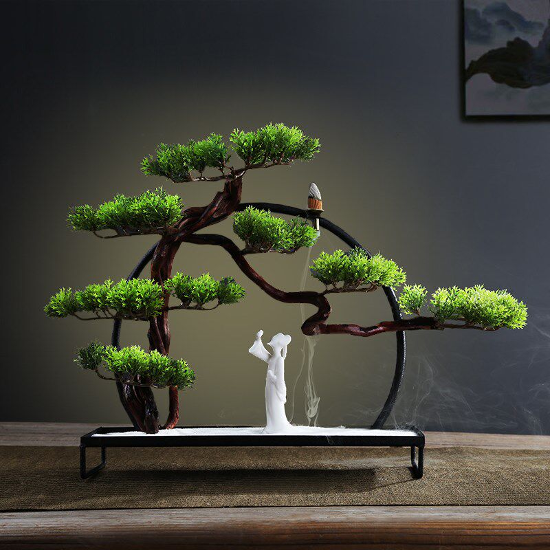 仿真迎客松盆f景室内桌面摆设假花绿植茶几中式客厅绿植装饰品摆