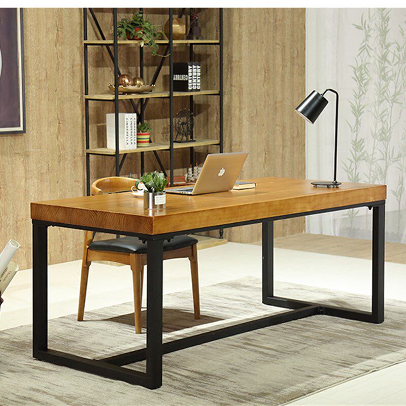 铁艺实木书桌书架组合书房家用台式电H脑桌架一体双人办公桌写字