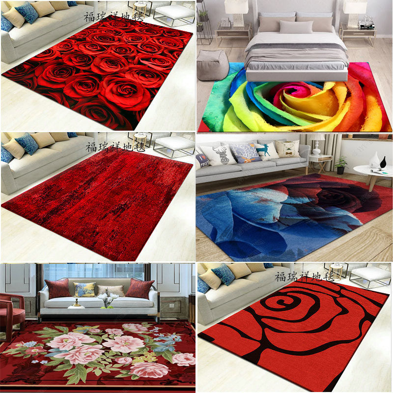中式家用网红ins红色喜庆婚庆玫瑰图案客厅茶几床边卧室水洗地毯,居家布艺,地毯,淘宝优惠券,粉丝福利购,淘宝优惠卷