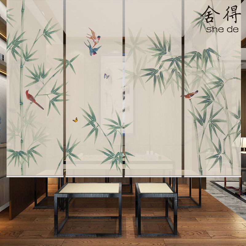 现代新中式水墨竹子卷帘半透明纱帘茶室挂帘隔断帘玄关帘升降卷帘