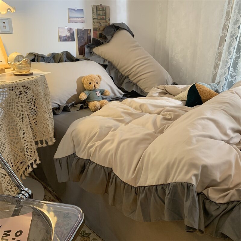 简约花边奶茶色仙本娜床上用品床裙四件套学生宿舍床单被套三件套