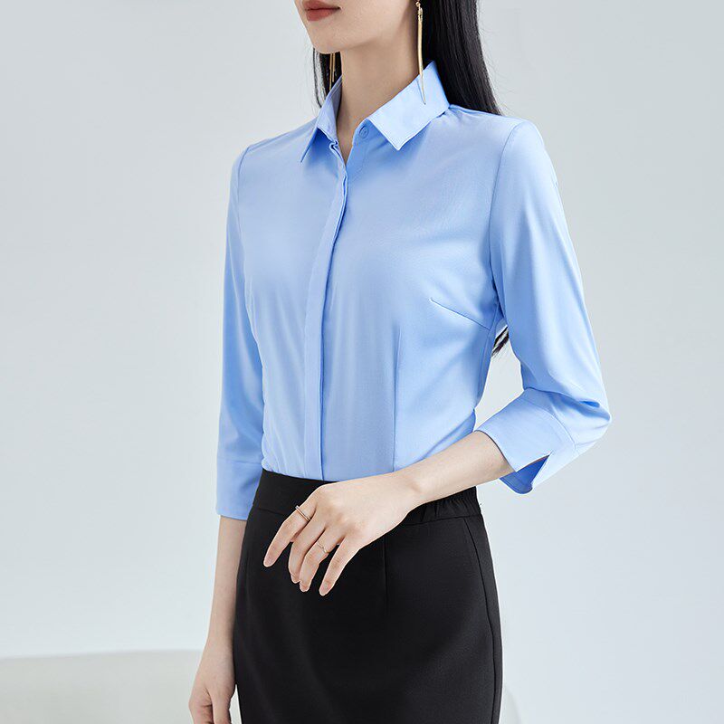 七分袖蓝色衬衫h女士2024新款早春季气质4s酒店职业正装工作服衬