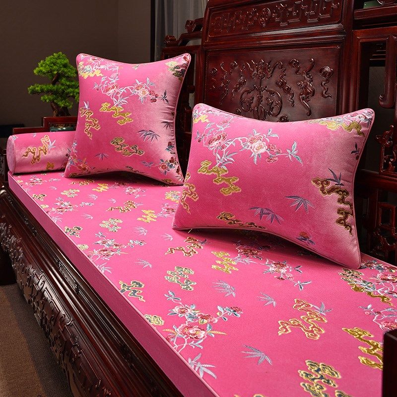 红木沙发垫坐垫新中式绒布刺绣实木家具座垫罗汉床五件套定制垫子